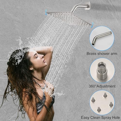 Image of Brushed Nickel Shower System, 8 Inch High Pressure Rain Shower with Handheld, Wall Mount Shower Faucet Set for Bathroom, Rough-in Valve Body and Trim Included