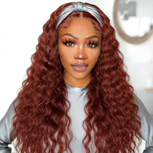 Image of XSY Headband Wig Human Hair Red Reddish Brown 33# 16 Inch Deep Wave Headband Human Hair Wigs for Black Women Curly Headband Wig Glueless Machine Made Wigs 150% Density