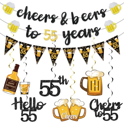 Black Gold 55th Birthday Decorations for Men Him Glitter Pre-Strung Cheers to 55 Years Banner Hello 55 Hanging Swirls Paper Triangle Flag Banner Decorations Bday Party Supplies Kit