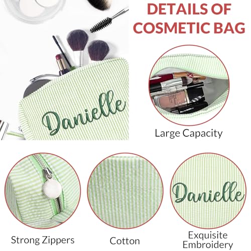 Personalized Seersucker Toiletry Bag Monogrammed Cosmetic Bag Cotton Seersucker Pouch Large Capacity Women Travel Toiletry Case for Travel Wedding Bridesmaid Graduation Gifts (Green)4