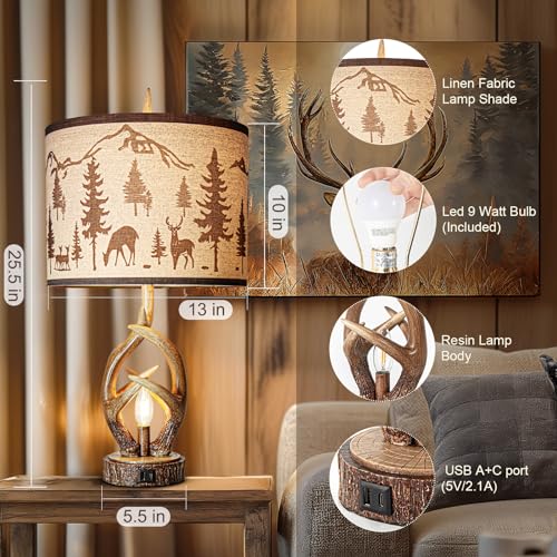Scenekoy-Antlers-Style-Table-Lamp-Set-of-2-Rustic-Bedside-Lamp-with-Night-Light-Linen-Fabric-Shade-Farmhouse-Nightstand-Lamps-Decor-for-Living-Room-Bedroom-House-Home-Office-Bulb-Included Scenekoy Antlers Style Table Lamp Set of 2 Rustic Bedside Lamp with Night Light Linen Fabric Shade Farmhouse Nightstand Lamps Decor for Living Room Bedroom House Home Office Bulb Included