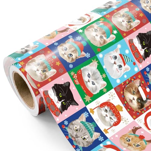 WRAPAHOLIC Cat Christmas Wrapping Paper - Mini Roll - 17 Inch x 16.5 Feet - Adorable Christmas Kitty Cat Wrapping Paper for Xmas Holiday Party Celebration