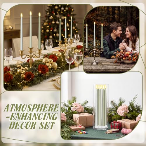 Image of Macarrie 24 Packs Flameless Taper Candles Battery LED 11 inch,Sage Green | Fake Candlelight Flameless Candlesticks Flickering Tapered for Weddings, Parties, Decor, Summer Fall Event