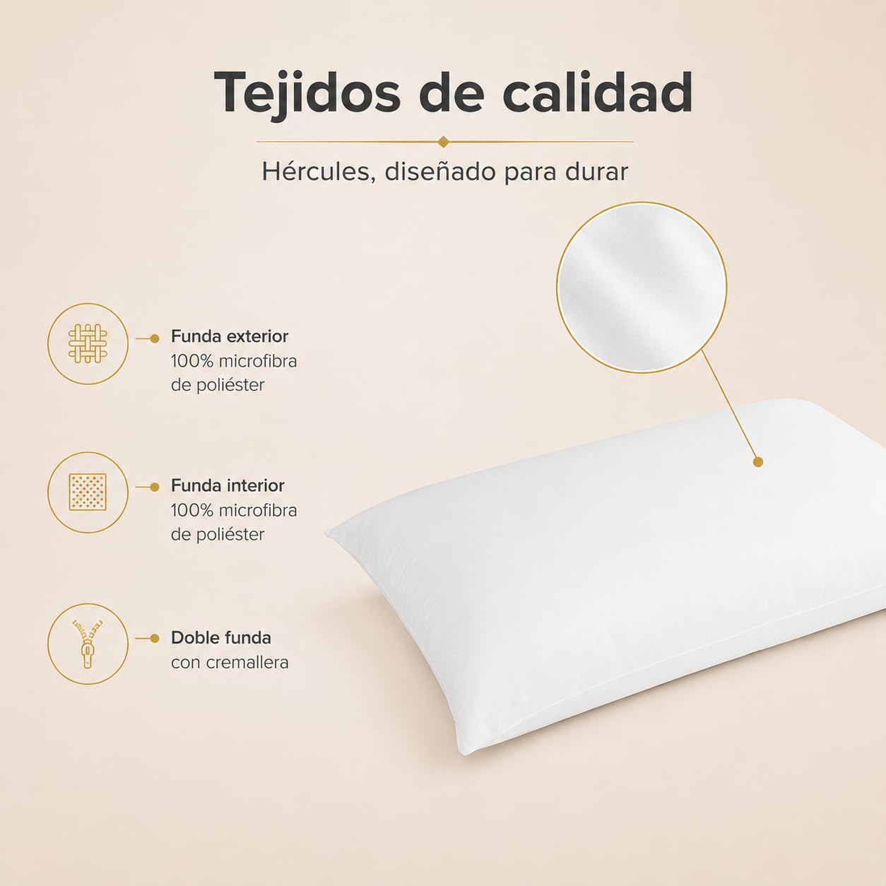 Moshy Almohada Hércules Alta de Fibra Hueca Siliconada, Tacto Suave y Gran Volumen, Doble Funda de Microfibra con Cremallera (150 cm)