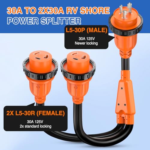 Image of Nilight 30 Amp to 30Amp RV Power Adapter NEMA L5-30P to 2x L5-30R Marine Shore Y Splitter Cord w /Locking Rings Pure Copper Heavy Duty 10 AWG Cable ETL-Listed for RVs Boat Yacht Camper Outdoor Use