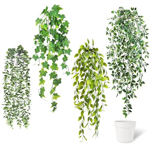 ROLLWAY Lot de 4 plantes suspendues artificielles comme de vraies plantes suspendues avec pot blanc, lierre en plastique, plantes artificielles suspendues, 52...