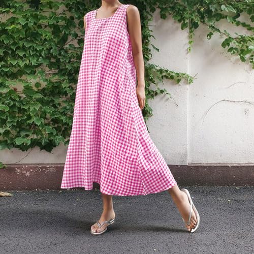 Image of chouyatou Women's Summer Casual Loose-Fit Cotton Plaid Tank Maxi Dress with Pockets Boho Beach Sundress