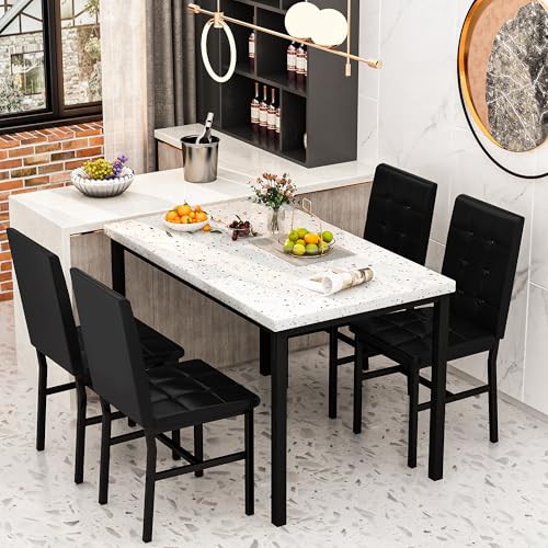 AWQM 5-Piece Dining Table Set for 4 – Compact Kitchen and Dining Room Furniture with Faux Marble Table and Khaki Black PU Leather Chairs