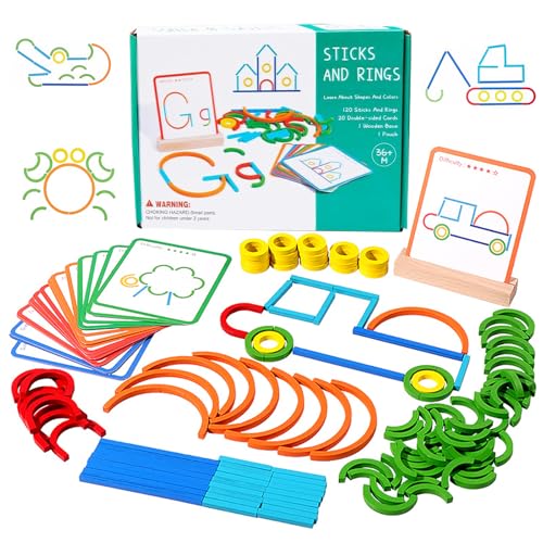 ZHUGEYG 120-Piece Wooden Pattern Blocks Set with Sticks and Rings - Montessori Shape Puzzles for 3-8 Year Olds Ideal Educational Toy for Preschool and Kindergarten Kids