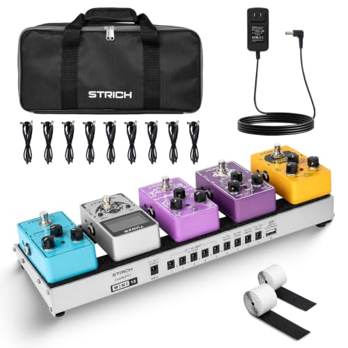 Image of STRICH Guitar Pedal Board with Built-in Power Supply, 15 x 5.1 inch Small Silver-White Aluminum Alloy PedalBoard, Lightweight 1.3LB with Bag, Cables & Hook Loop, PB-M15