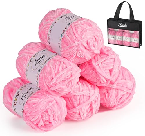 ilauke 6 x 50 g (6 x 70 m) Chenille Garn, Samt Chenille Wolle zum Häkeln und Stricken mit Nadeln mit Handtasche, Rosa Babywolle zum Stricken Weich für Kleidung, Decken, Schals, Kuscheltiere Amigurumi