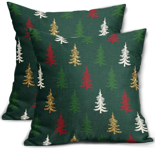 Aytipun Forest Green Christmas Pillow Covers 16x16 Set of 2 Red White Gold Rustic Holiday Print Decorative Outdoor Pillowcases Farmhouse Winter Decorations Throw Cushion Case Decor for Couch Sofa Bed
