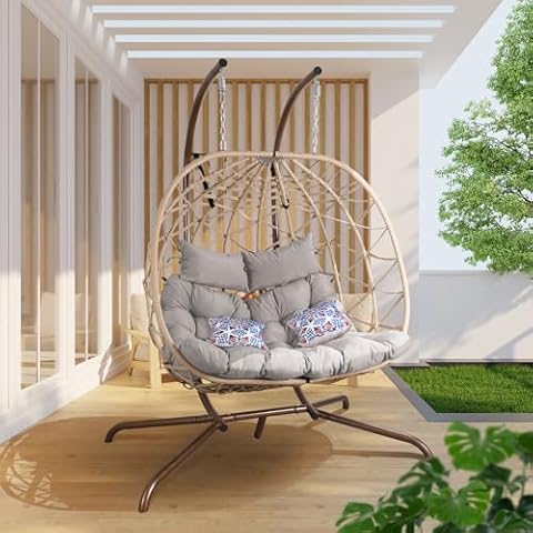 NOBLEMOOD Outdoor Egg Swing Chair with Stand, 2 Person Patio Swing Chairs with Thick Cushions and Pillows, Wicker Double Egg Chair Swing for Indoor Bedroom Cover