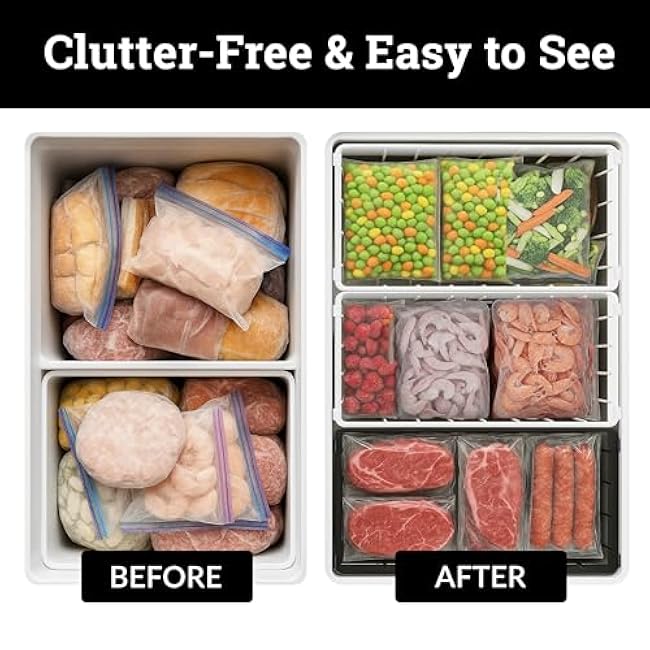 Deep Chest Freezer Organizer Bins ¨C 4-Pack Stackable Chest Freezer Baskets with Dividers, Metal Wire Storage for Frozen Meat, Food ¨C Fits 5¨C7 Cu Ft Deep Freezer, Kitchen Organization Set, Black, White