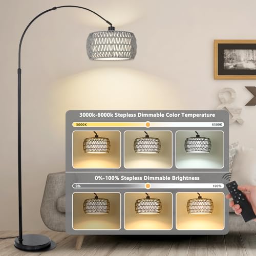 Image of Arc Standing Lamp, Boho Floor Lamps for living room with Remote and LED Dimming Bulb, Rattan Tall Lamp for Bedroom with 3 Color Temperatures, Height Adjustable Farmhouse Stand up Light for Office