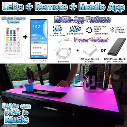 Image of PartyLife Glowing LED Surface Portable Bar Table w /Mobile App, Folding Steel Legs, 2 Bar Skirts, Supportive Storage Shelf & Carrying Case - Custom Skirt
