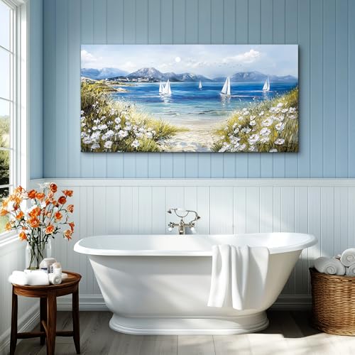 crmotu Beach Wall Art, Coastal Wall Art, Large Wall Decor, Wildflower Art Landscape Painting, Seaside Sailboat Canvas Pictures for Living Room Bedroom Dining Room Office Art Prints 30x60inch