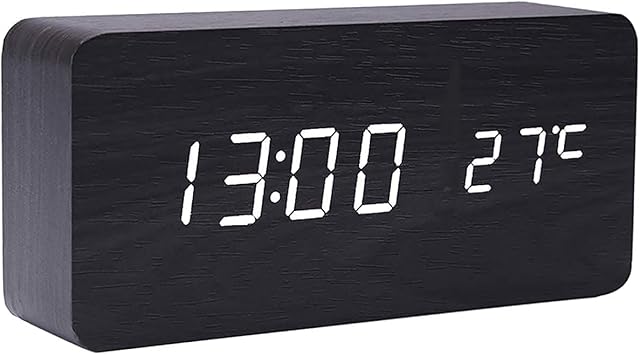 GINZER LED Digital Wood Alarm Clock, Bedside Silent Wooden Clock with Multiple Alarm and 5 Level Brightness, Big White Digit Display,Non Ticking, Mains Powered or Battery Operated, Black