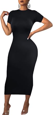 Womens Long Bodycon Dress - Summer Casual Short Sleeve Midi Club Party Fitted Tight Dresses