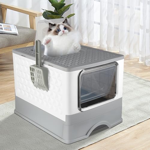 Casa di toilette per gatti, lettiera per gatti, autopulente, paletta + cassetto per lettiera, facile da pulire, grande per gatti e conigli, anti-perdite, anti-impronte, 52 x 39 x 39 cm, grigio