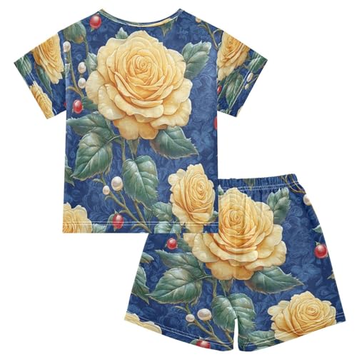 Pajama Sets Short Sleeve Golden Roses on Blue Soft Cotton Summer Sleepwear 2 Piece PJS Size 5-14T2
