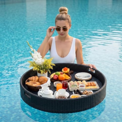 Image of BRISHI Luxury Floating Serving Tray | Swimming Pool Floats for Adults for Sandbars, Spas, Bath, and Parties | Floating Tray for Pool Serving Drinks, Brunch, Food on The Water (Black)