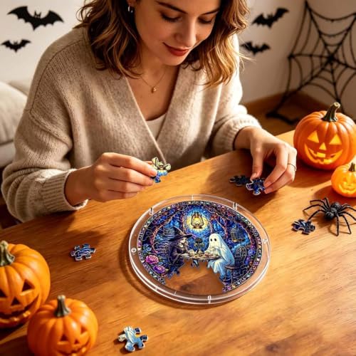 TREBIN 7.48'' Halloween Acrylic Jigsaw Puzzle Suncatcher, Stained Glass Window Hanging, Acrylic Sun Catcher Puzzle 83 Pieces, Fall Harvest Thanksgiving Halloween Decor (Witch Ghost Tea Party) - Image 4