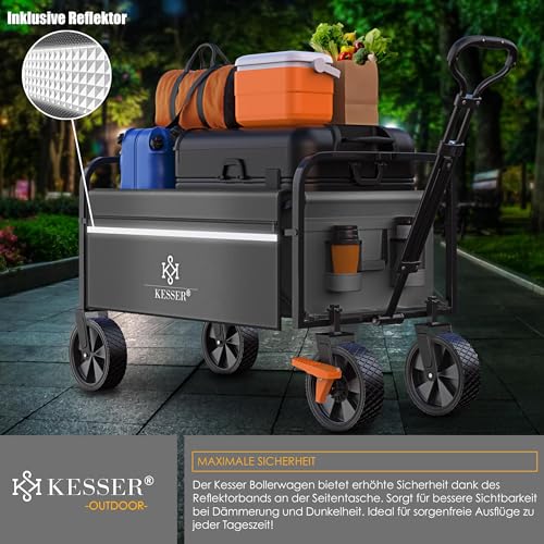 KESSER® Bollerwagen faltbar Handwagen Transportkarre max. 150kg Tragkraft & 360° PVC-Reifen Gerätewagen inkl. 2 Netztaschen, Seitentasche & Abdeckung Transportwagen Gartenanhänger ohne Dach, Anthrazit