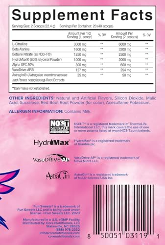 Image of Core Nutritionals Pump Full-Spectrum Non-Stimulant Pre-Workout, with N03T Nitrate, Peak02, Alpha GPC, for Maximum Pump, Strength, and Performance 20 Servings (Fun Sweets Cotton Candy Cherry Berry)
