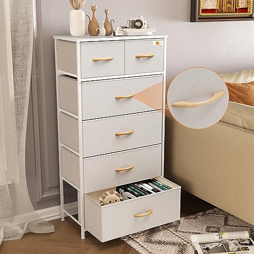 Image of Fabric Dresser for Bedroom, Tall Skinny Dresser with 6 Drawers, Storage Organizer Tower, Steel Frame Wooden Top for Closet, Living Room, Hallway(Beige)
