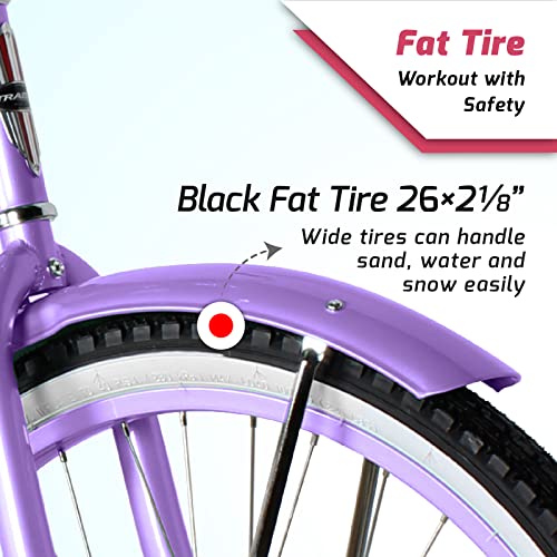 Bicicleta Tracer Nova Beach Cruiser para Mujer, ruedas de 26 pulgadas, marco de acero Hi-Ten, 1 velocidad, freno contrapedal, bicicleta híbrida para adultos, bicicletas cruiser completas, color púrpura miniatura 2