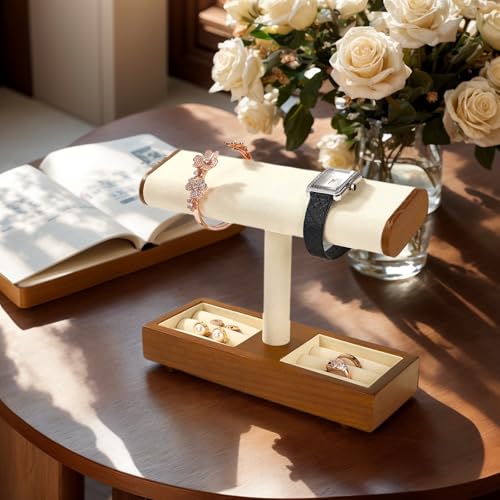 Solid Wood Watch Display Stand T-bar Watch Holder Organizer For Men And Women Jewelry Holder Stand Store And Home(Cream White)