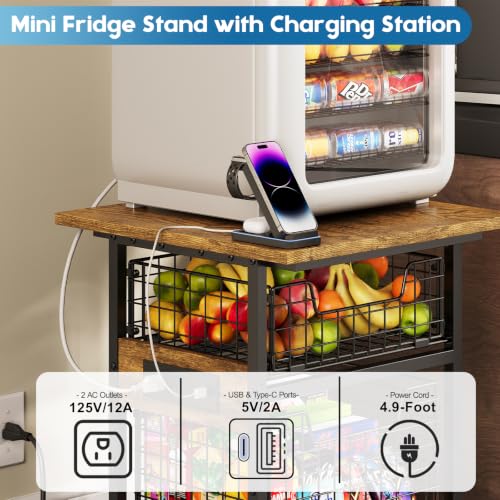 Image of Mini Fridge Stand with Storage and Power Outlet, Small Refrigerator Stand | Mini Fridge Shelf with 2 Drawers -Max Load 300 LBS Heavy Microwave Stand Mini Fridge Cart for Dorm, Apartment, Kitchen