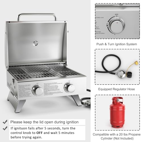 Giantex Portable Gas Grill with 2 Burner, Max. 20,000 BTU total, Folding Legs, Built-in Thermometer, Travel Locks, Stainless Steel Tabletop Propane Gas Grill for Camping Picnic Cookout RV BBQ