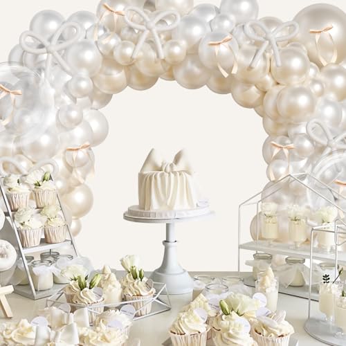 Image of Pearl White Balloon Arch Kit,JOGAMS 178Pcs Bow Balloon Arch Kit with 260 Clear Balloons Beige Ribbon Bow for Coquette Bow Theme Birthday Wedding Baby Shower Bachelorette Bridal Shower