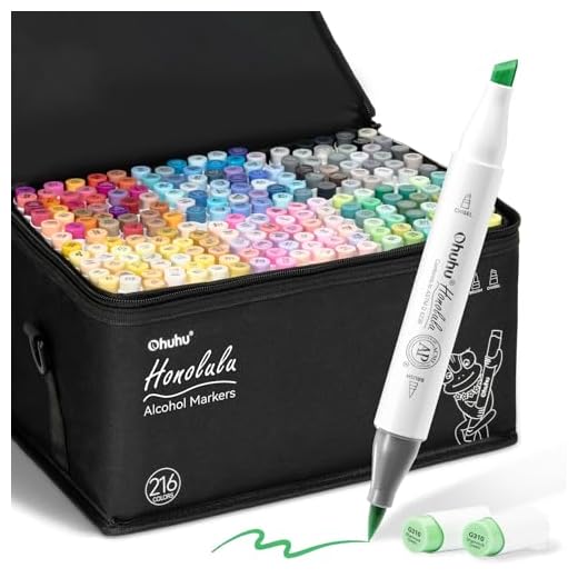 Ohuhu Kit de 216 rotuladores de arte de colores, punta doble, pincel y cincel cincel para niños, artista, estudiantes, marcadores pincel para bocetos, coloreando para adultos, caligrafía