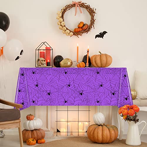 Image of TREWAVE 3 Pack Halloween Spiderweb Tablecloth Rectangular Plastic Spider Web Table Cloth Large Size Table Covers for Home Decor Halloween Party Decorations 54 inch x 108 inch (Purple)