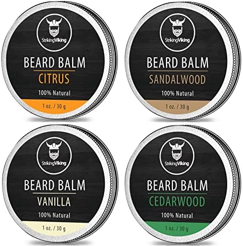 Striking Viking Beard Balm Conditioner for Men - Variety 4 Pack with Vanilla, Sandalwood, Citrus & Cedarwood Scents - Styles & Conditions with Natural Shea Butter, Argan & Jojoba Oils