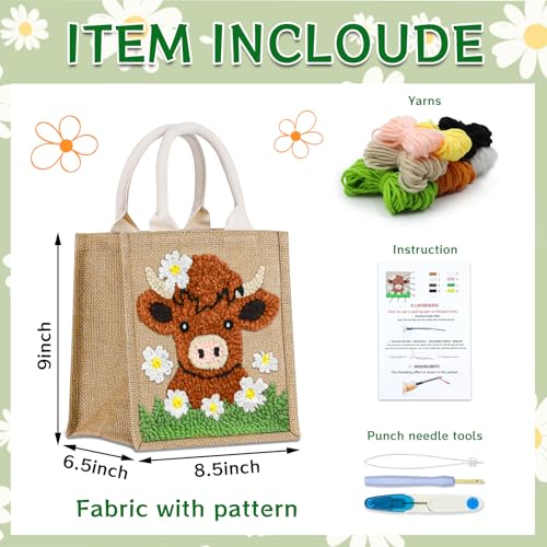 Image of PUNICA Punch Needle Kits for Beginners with Highland Cow Pattern - Burlap Tote Bag for Adults & Kids, DIY Embroidery Starter Kit | Easy Craft Gifts (9x6.5x8.5 Inch)