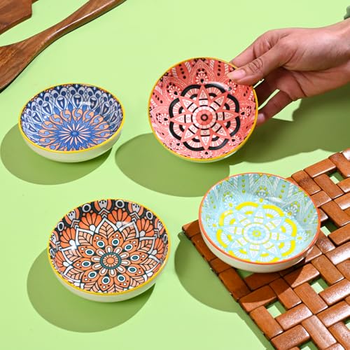 Image of MARKET 99 Ceramic Chutney Bowl Set of 4 (90ml Each) | Multi Color Dip Bowls for Sauces, Pickles & Condiments | Mini Serving Bowls Set with Glossy Finish for Dining Table & Snacks