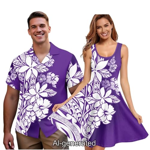 Image of Dreaweet Summer Dresses for Women A-Line Sleeveless Flowy Sun Dresses,Men's Casual Button-Down Shirts,Couple Matching Outfits