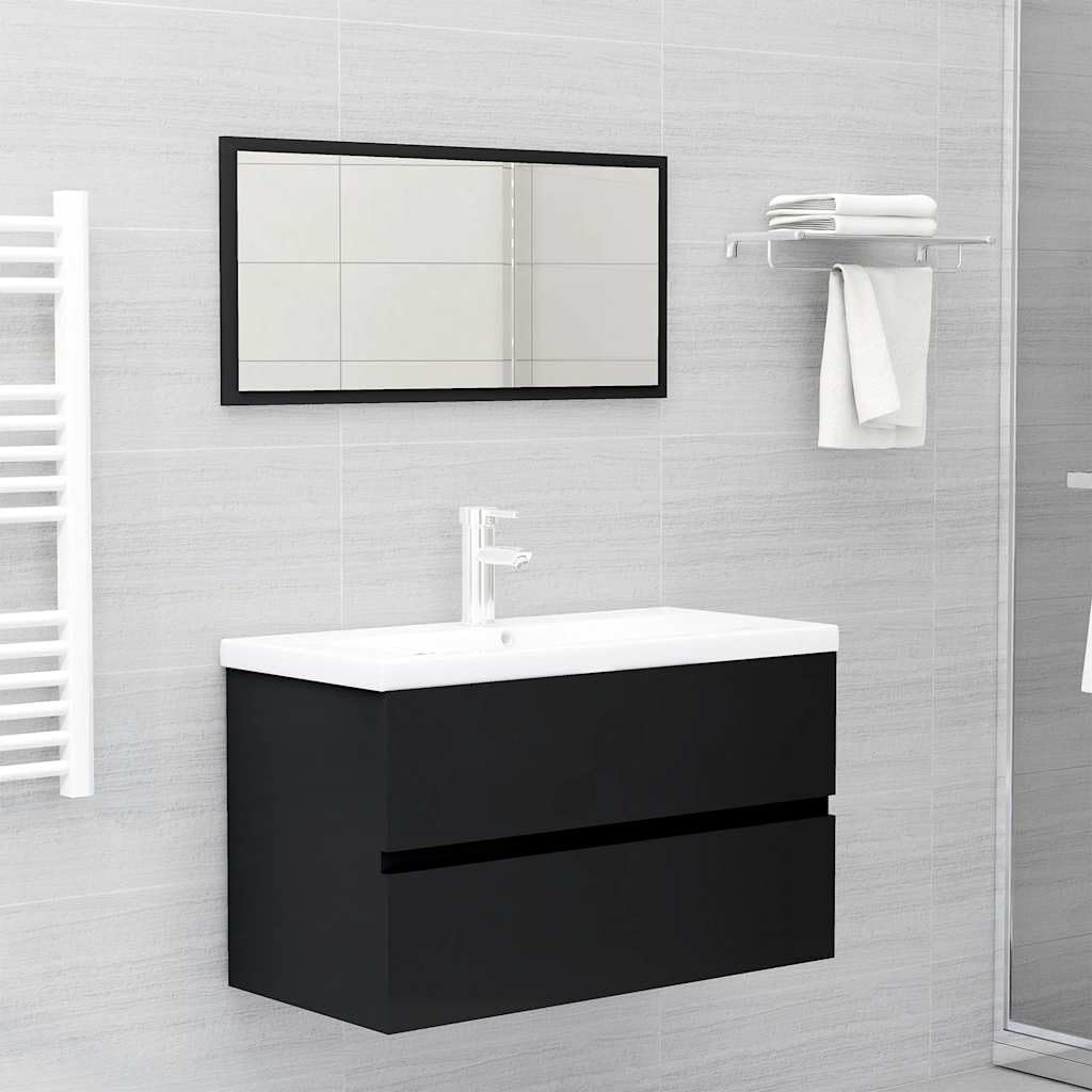 Juego de muebles de baño de madera de 80 cm con espejo y armario para lavabo, 2 piezas, color negro