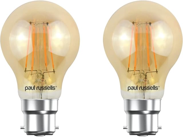 paul russells LED Filament GLS Light Bulbs Bayonet Cap B22, 35w Equivalent A60 GLS Standard, 4W 380LM Globe 2200K Amber, Celling Fittings Bulb Energy Saving Lamp, Pack of 2