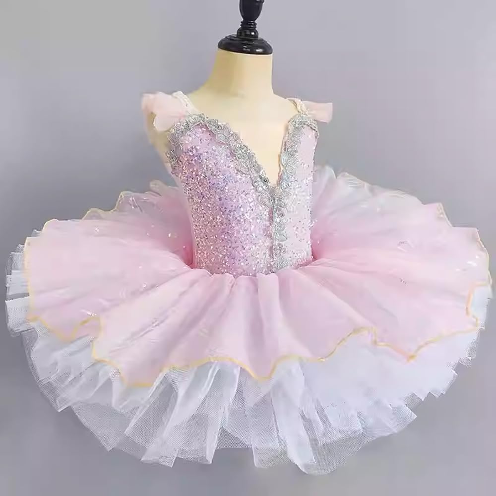 Mädchen Rosa Pancake Ballettkleidung Ballettkleid, Glitzernde Pailletten Ballettrock Für Kinder Aufführungen Tanzkostüme