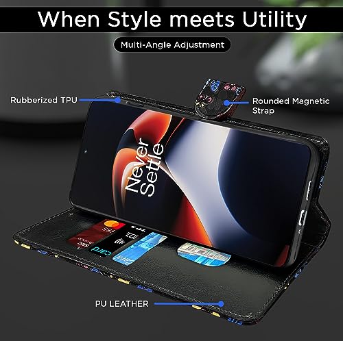 Image of Pikkme OnePlus 11R 5G Flip Cover for Girls Leather Finish | Inside TPU with Card Pockets | Wallet Stand and Shock Proof | Complete Protection Flip Case (Black Flower)