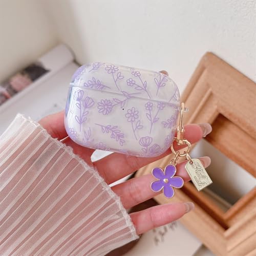 Image of MINSCOSE Compatible with AirPods Pro2 Clear Case,Cute Flower Floral Aesthetic Design with Flowers Keychain, Soft TPU Protective Shockproof Case for Women Girl for Airpods Pro2-Purple