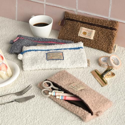 Image of Monolike Unmatched Friends Bbogeuli Pencil Case, Pink - Slim Fuzzy Fleece Pen Pouch for Daily Use with Stain-Resistant Lining