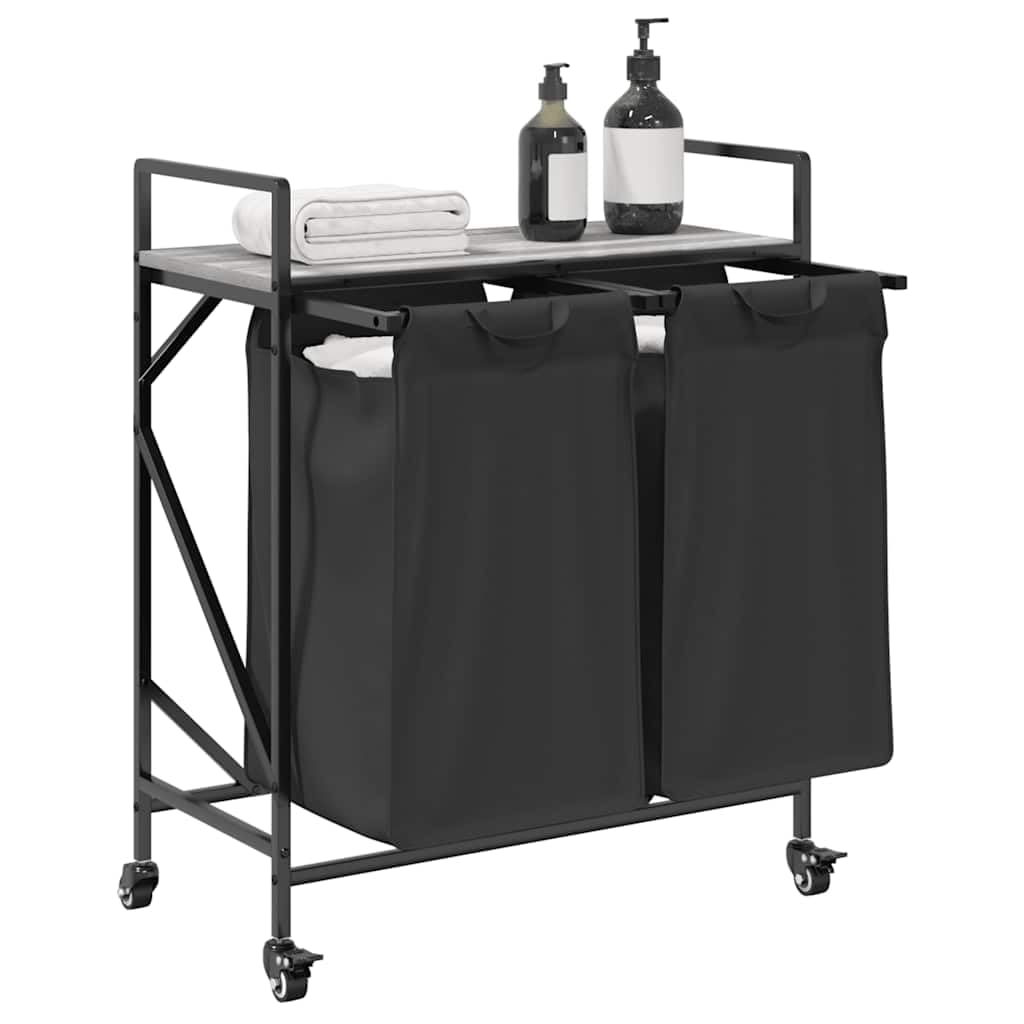 Cesto para la colada con 2 compartimentos y ruedas, con estante, de acero y gris Sonoma, para lavandería, baño, dormitorio y hogar, 67 x 33 x 82 cm