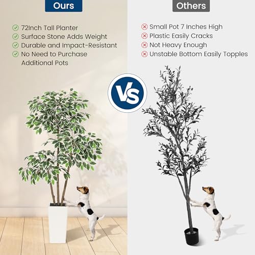 GarveeHome 5ft Artificial Ficus Tree,Tall Faux Floor Plant with White Tall Planter -Fake Plants for Home Decor Indoor with 3 Natural Trunks & White-Edged Leaves,Faux Greenery Tree for Garden Decor