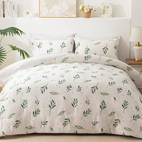 Image of EMME Twin Comforter Set - Sage Green Floral Bedding Sets 5 PCS with Nature Leaves Pattern, Soft Leaf Printed Botanical Bed Set with Sheets, Fluffy Bed Bag for All Season(68 inchX90 inch)